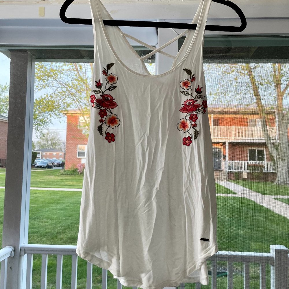 White & Flower Embroidered Cross-Back Tank